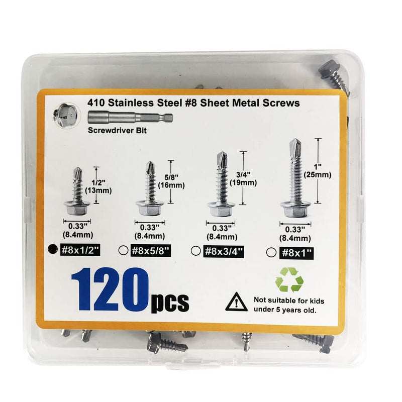 [Australia - AusPower] - 120PCS #8 x 1/2'' Sheet Metal Screws 410 Stainless Steel Hex Washer Head Fast Self Tapping Screws with Screwdriver Bit Silver #8 x 1/2'' 