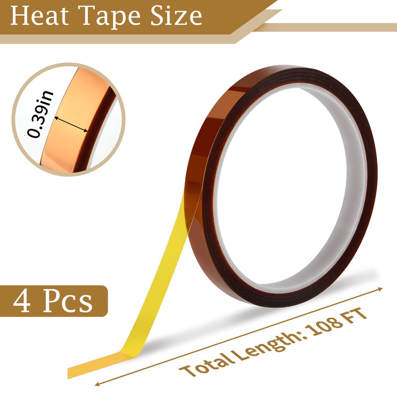 PEASUG Heat Tape, 4 Rolls High Temperature Heat Resistant Tape, Adhesive Heat Tape for Sublimation, Heat Press, Electronics, Soldering, Circuit Board, 10mm x33m(108ft)