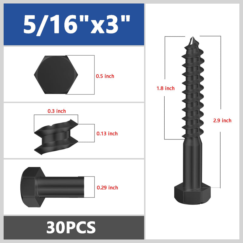 Wensilon Lag Screws Wood Screws (30PCS, 5/16"x3", Black) Hex Head Lag Bolts,(8x75) Heavy Duty Lag Screws,304 Stainless Steel Bolts 18-8 5/16"x3"