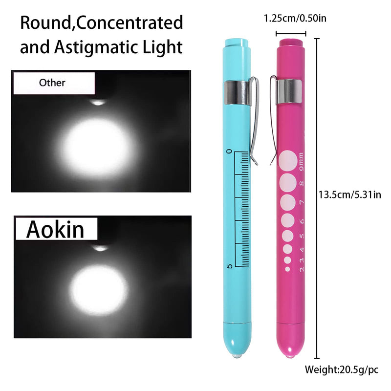 Aokin Pen Light with Pupil Gauge, Reusable LED Penlight Medical for Doctor Nurse Diagnostic etc, White Light, Sky Blue and Rose