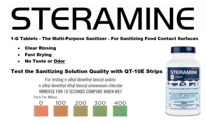 2 Bottles Steramine Sanitizer Tablets - 15x QT-10 Test Strip - Multi Purpose Steramine Sanitizing Tablets for Food Contact Surface in Kitchen, Restaurant & Food Service by FryOilSaver Co. (300 Count) 2 Pack