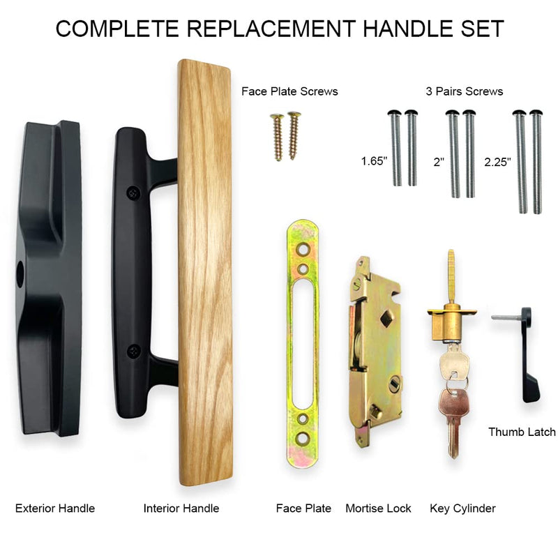ALLYWASAI Sliding Patio Door Handle Set with Mortise Lock, Key Cylinder and Face Plate, Wood Handle Lock Set Fits Door Thickness from 1-1/2" to 1-3/4", 3-15/16" Screw Hole Spacing, White (Black) Black