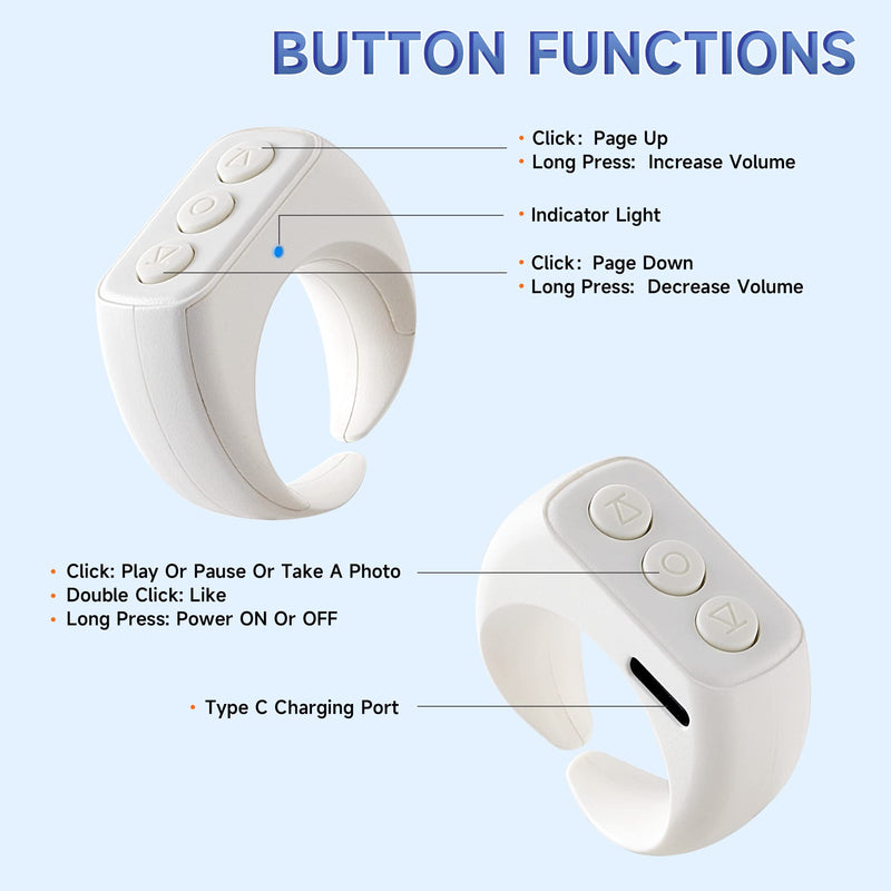 [Australia - AusPower] - Tiktok Scrolling Ring, Kindle APP Page Turner Remote, Bluetooth Remote Clicker Control for iPhone and Android, Minimalist Style and Smart Make Life Easier - Snow White 