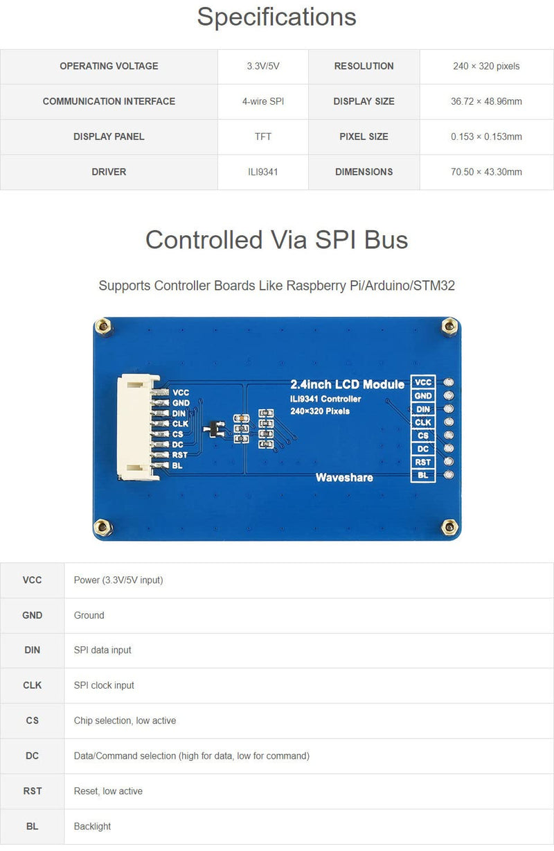[Australia - AusPower] - waveshare 2.4inch LCD Display Module with 65K RGB Colors 240×320 Resolution SPI Interface 