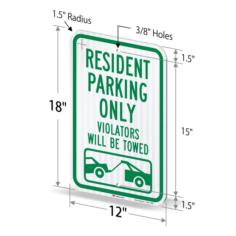 SmartSign "Resident Parking Only, Violators Towed" Sign | 12" x 18" 3M Diamond Grade Reflective Aluminum 18" x 12"