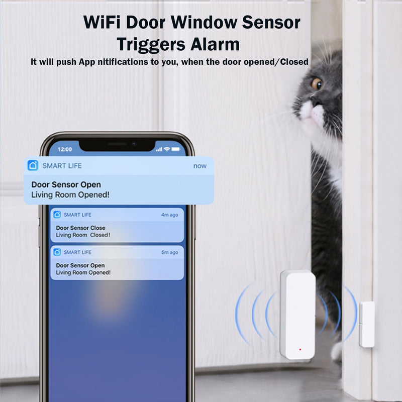 WiFi Door Sensor Window Detector: Smart Window Contact Sensor, Wireless Magnetic Door Open Detector with Free Notification Alerts, Compatible with Alexa Google Assistant (4-Pack) 4-Pack