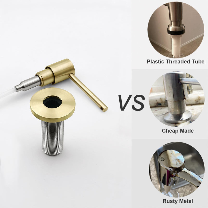 EADOT Brushed Gold All Brass Sink Soap Dispenser for Kitchen Sink Deck Mounted with 17 OZ Above The Sink Refillable PET Bottle Brass Pump Head in Counter Dish Soap Dispenser