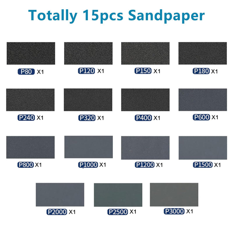 [Australia - AusPower] - 15 Pieces Grit 80 to 3000 Wet and Dry Sandpaper Sandpaper Set, Emery Paper for Polishing and Sanding for Car, Wood Furniture, Stone, Varnish, Metal, Glass - 9 x 3.9 Inch 15 