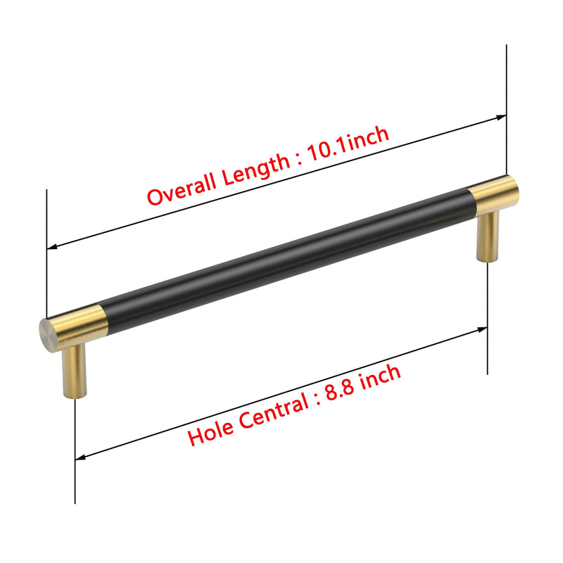 Bar Cabinet Handle Knob Pull Brushed Satin Gold/Brass Finish with Electroplated Matte Black 10.1" (8.8" Hole Center) for Kitchen Cabinet Hardware/Dresser Drawer Handles 5 Pieces 8.8" Hole Center
