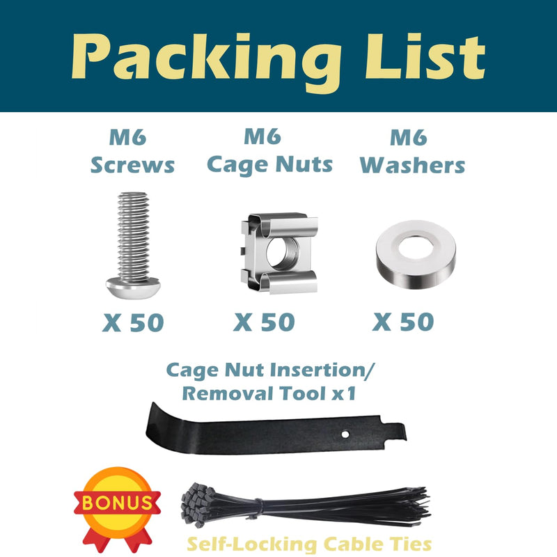 [Australia - AusPower] - 50 Pack M6 Rack Mount Cage Nuts, Screws and Washers w/Insertion and Removal Tool for Rack Mount Server Cabinet, Server Shelves, Routers, Patch Panel, Cable Ties (Cage Nut/Screw+Tool Silver) Cage Nut/Screw+Tool Silver 
