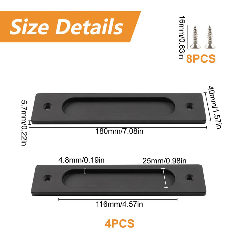 MOROBOR Rectangular Recessed Sliding Door Pulls, 4pcs Matte Black Flush Pull Aluminum Alloy Closet Door Finger Pulls with Screws 4