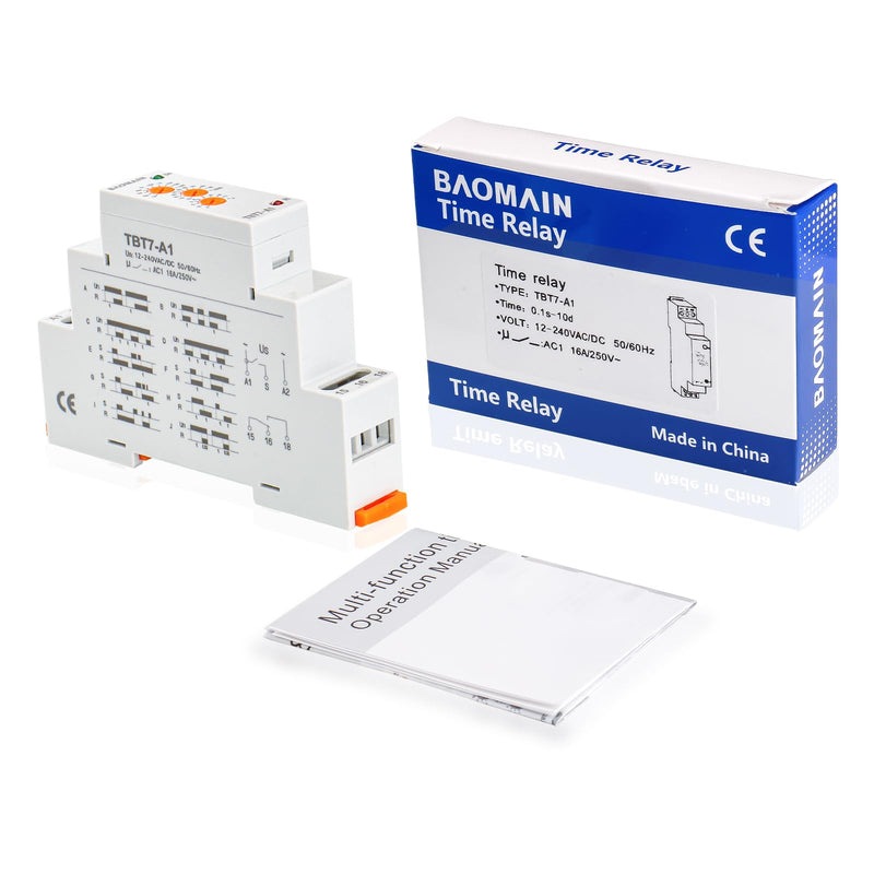 BAOMAIN Multifunction Timer Relay 12-240VAC/DC 16A 10 Functions 1 SPDT Time Relay for DIN Rail Mounting TBT7-A1