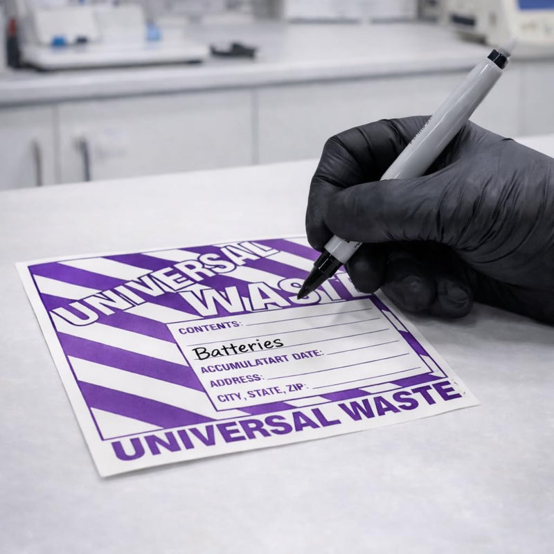 Universal Waste Labels, 6 x 6 inches, Purple/White, Self-Adhesive Vinyl, Pack of 25