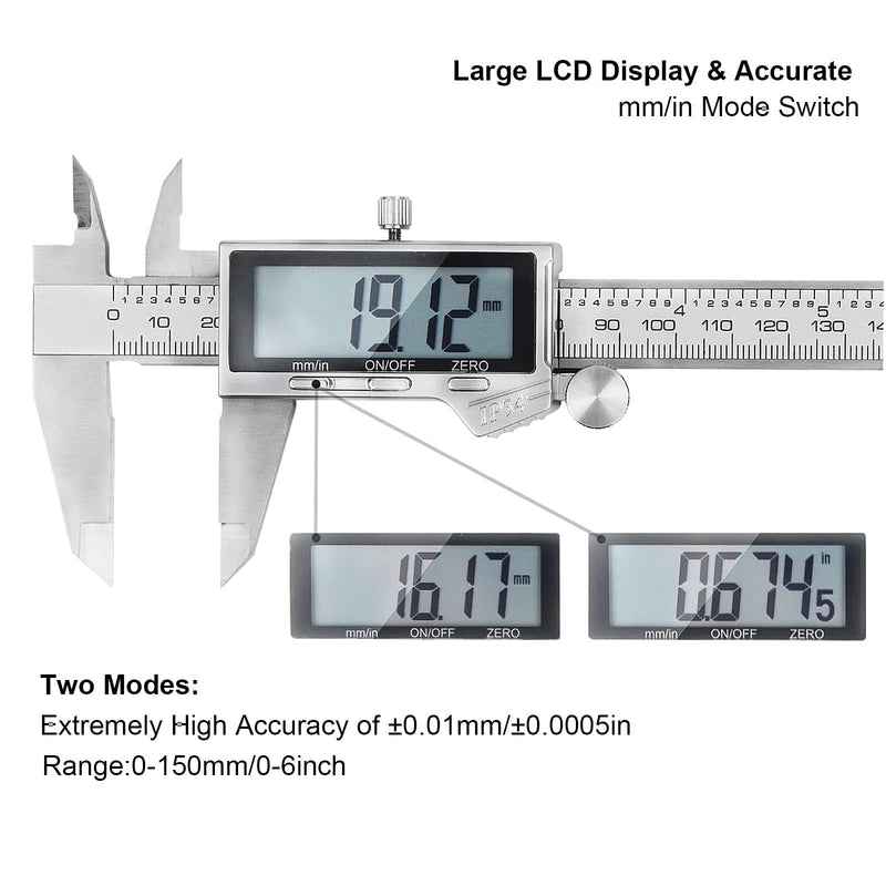 [Australia - AusPower] - Electronic Digital Vernier Caliper, LOUISWARE Stainless Steel Caliper 150mm/0-6 inch Measuring Tools with Extra-Large LCD Screen, inch/Metric Conversion QB_087 