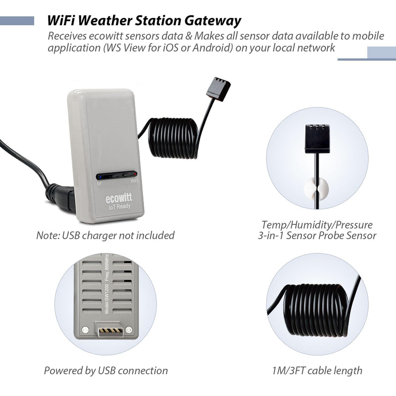 ECOWITT Wi-Fi Gateway Weather Station, with Built-in Temperature, Humidity, and Barometric Sensors, IOT Ready, Supports Ecowitt Sensors Developed, USB Power, 915 MHz GW1200BU