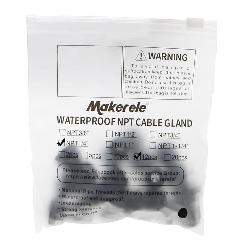 [Australia - AusPower] - MAKERELE Plastic Strain Relief Cord Connector Adjustable 3-6.5mm Cable Gland(1/4 NPT, 12pcs) 1/4" 12pcs BAG Black 
