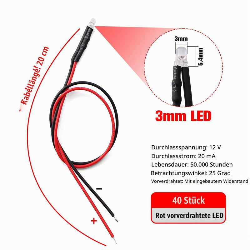 YIXISI Pack of 40 3mm Diode Light, 12V 20cm Pre-Wired LED, Pre-Wired Light, LED Light Emitting Diodes Pre-Wired, Red 3mm. Red