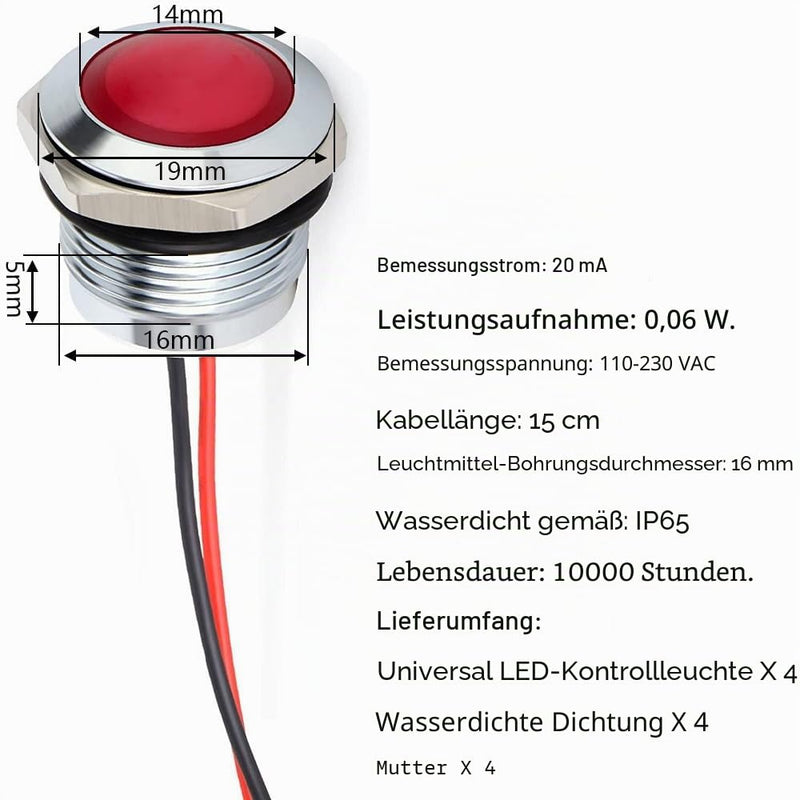 Formed 4 pieces 110V-230V 20mA energy saving indicator, metal indicator lamp, waterproof signal lamp, hole size 16 mm, red LED (head with spherical surface) Red (230 V)