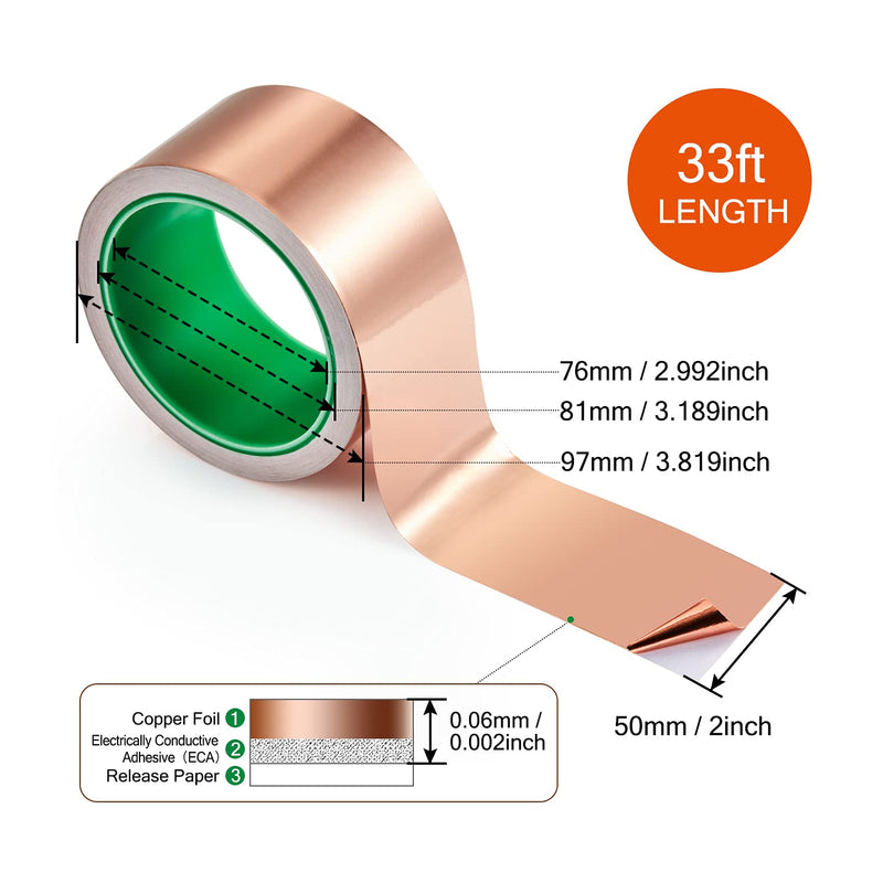 CHANZON Copper Foil Tape 50mm 2 inch x 33ft Double Sided Conductive Adhesive for Electric,Guitars,Soldering,Grounding,Repair,Crafts,Paper Circuits 7) 2inch x 33ft
