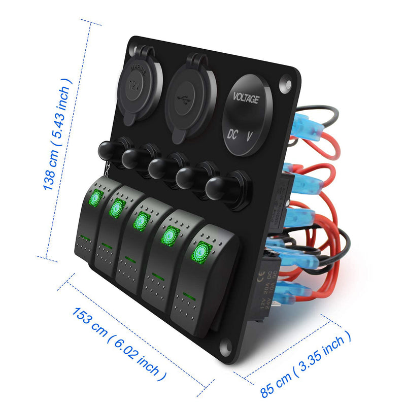 FXC Waterproof Marine Boat Rocker Switch Panel 5 Gang with QC3.0 USB & Type-C Slot Socket + Cigarette Lighter +LED Voltmeter with Overload Protection for Car Rv Vehicles Truck (5 Gang Green LED)