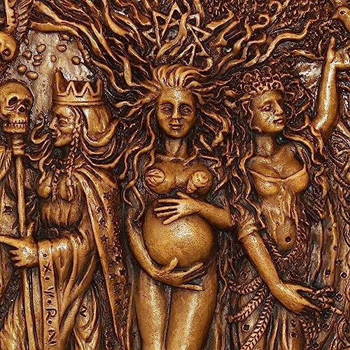 Pinra Triple Moon Wall Decor Pagan Wiccan Triple Goddess Maiden Mother Crone Shield Statue Celtic Wall Art Irish Feminism Gods Hanging Shield Wall Plaque Sculpture Khaki