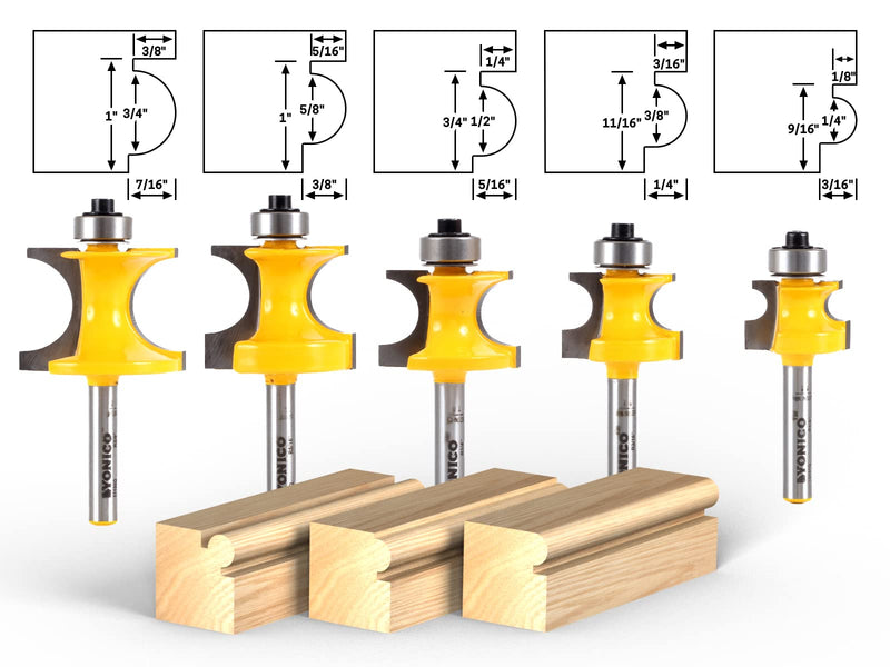 YONICO Bullnose Beading Router Bits Set 5 Bit 1/4-Inch Shank 13516q 1/4" Shank