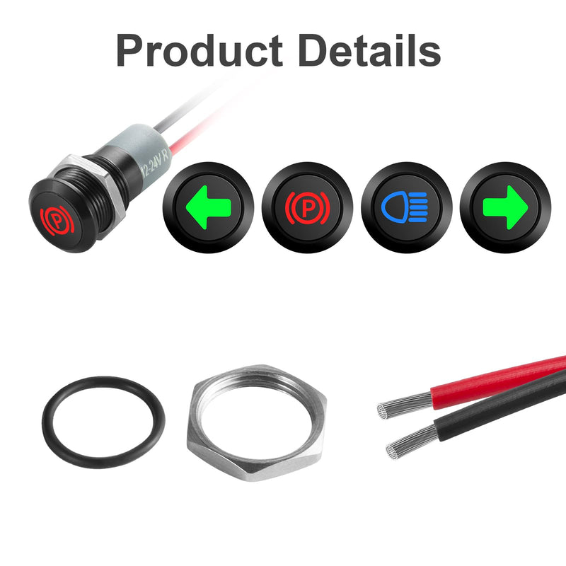 12V LED Indicator Small Light Indicator Waterproof, 1/2"(12mm) Panel Cutout 12V 24V Metal LED Indicator with 22AWG 150MM Wire - High Beam Indicator, Single Arrow Left/Right, Parking Indicator, 4PCS