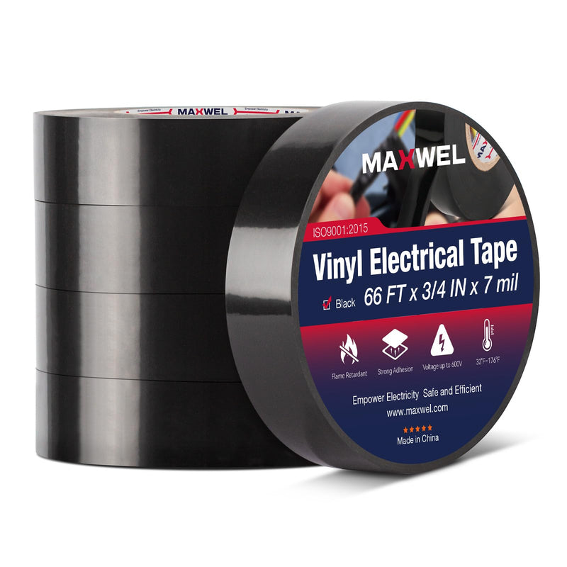5 Rolls PVC Black Electrical Tape – Vinyl Professional Electric Tape, Waterproof, Flame Retardant, 3/4 in x 66 ft per Roll, Multipurpose Wire & Cable Insulation for Home, Auto & Industrial Use 5