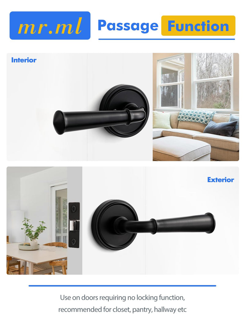 Black Passage Door Handle, Interior Hall Closet Kitchen Pantry Door Lever, Aluminium Alloy Handle Lever, 1 Pack Black