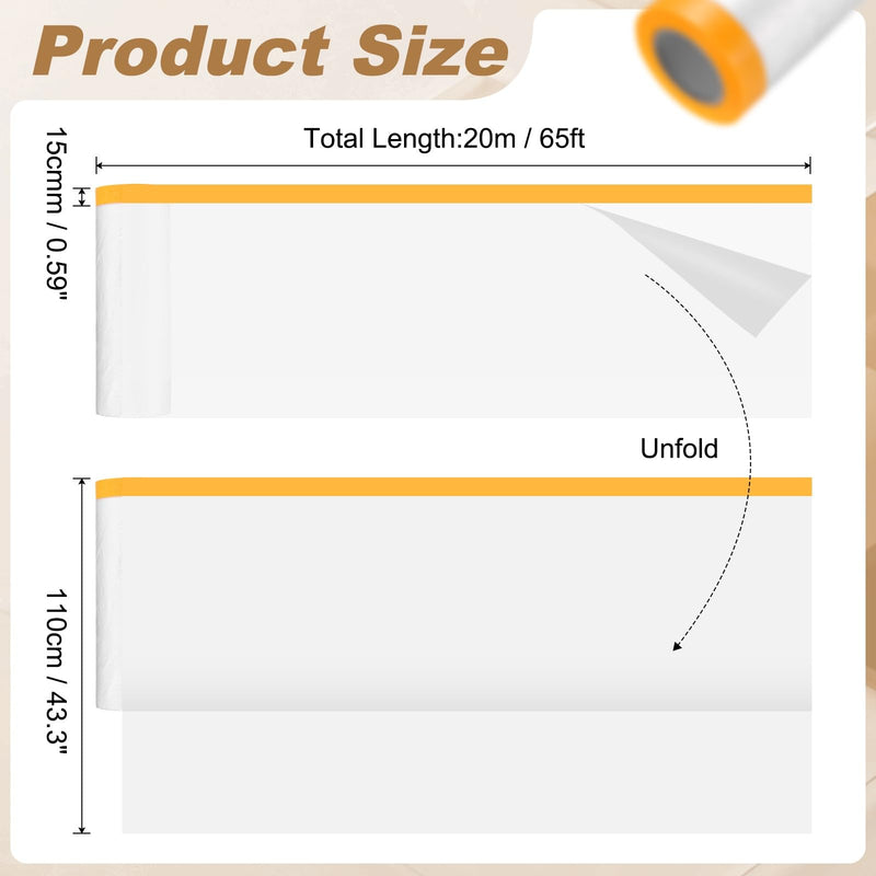 HARFINGTON 3pcs Pre-Taped Masking Film 43.3" x65ft Adhesive Tape and Drape Painters Plastic Drop Cloth Film with Tape Plastic Sheeting for Automotive Painting Covering, Clear 43.3"x65ft 3