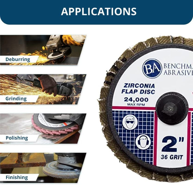 [Australia - AusPower] - Benchmark Abrasives 2" Quick Change Zirconia Flap Disc Grinding Wheel with Male R-Type Back Design - Cleaning Finishing Deburring of Irregular Surfaces - for Die Grinder & More (10 Pack) 36 Grit 