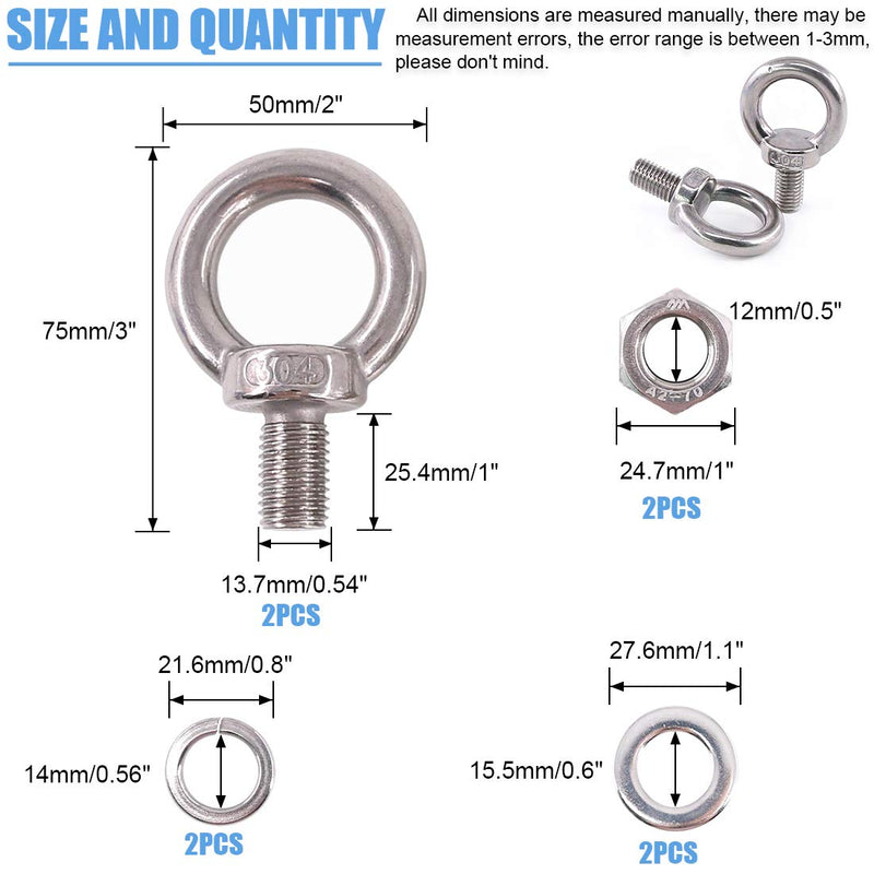 [Australia - AusPower] - Glarks 8Pcs M14 Heavy Duty Screw Bolt, 304 Stainless Steel Male Thread Machinery Shoulder Lifting Ring Eye Bolt with Lock Nuts/Lock Washers/Flat Washers Set 