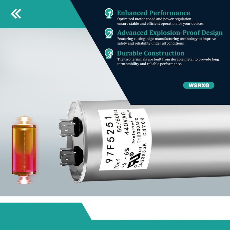97F5251 C470R 70uF MFD x 440VAC Industrial Replacement Capacitor Round Heavy Duty Motor Start Run Capacitor (97F5251)