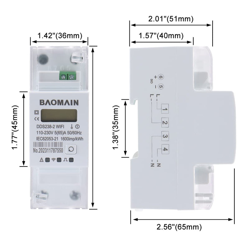 [Australia - AusPower] - Baomain Single Phase Smart Energy Meter DDS238-2 WiFi 110-230 VAC 5(65) Amp 50/60 Hz, 1600imp/kWh 
