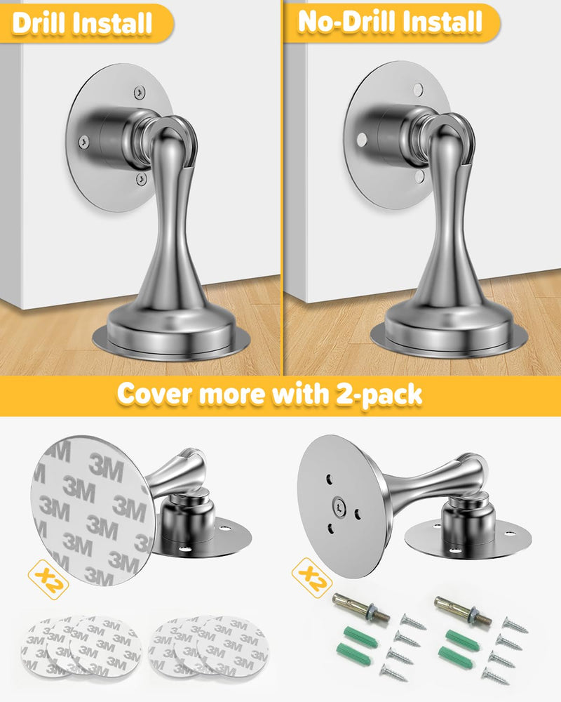 [Australia - AusPower] - Door Stoppers Magnetic Door Catch - 2 Pack Stainless Steel Heavy Duty Door Holder Stops for Bottom Top of Door - Wall Floor Mounting No Drill 3M Adhesive & Screws Strong Magnet Keep Door Open Silver 