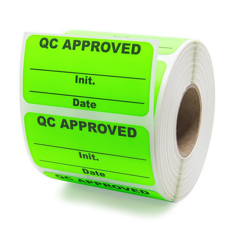 QC Approved Quality Control Labels, 2" x 1", Bright Green, 500 Labels per Roll, Permanent Adhesive for Inspection & Inventory Use