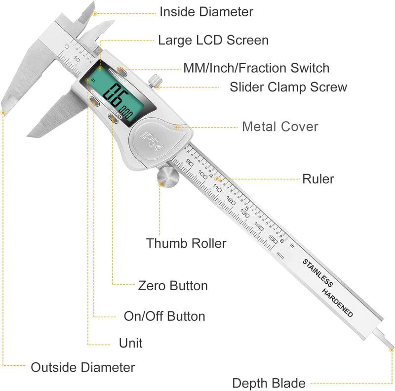 [Australia - AusPower] - Digital Caliper, 6 inch Caliper Extreme Accuracy Measuring Tool with Stainless Steel, IP54 Waterproof Protection Design, Inch Metric Fraction Switch for Daily and Professional Use 