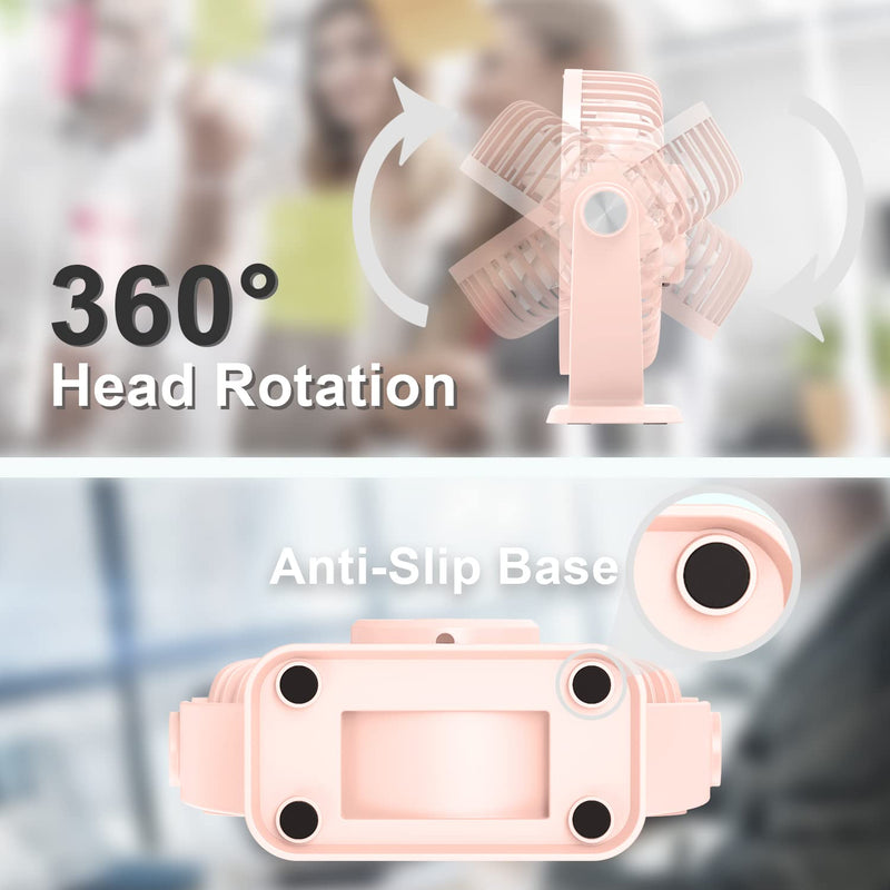 [Australia - AusPower] - TriPole Mini Desk Fan USB Powered Portable Fan 3 Speeds Strong Airflow Small Fan 360°Rotation Personal Fan 5.1 Inch Table Fan for Home Office Bedroom Desktop, Pink, 4.9ft Cable 