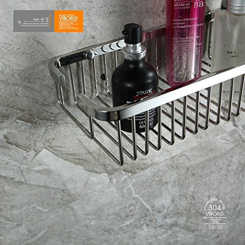 VIBORG Deluxe Solid Thick SUS304 Stainless Steel Wire Wall Mounted Single Tier Bathroom Rectangular Shower Basket Bath Caddy Shelf Organizer Storage Holder for Shampoo Conditioner Polished mirror-like