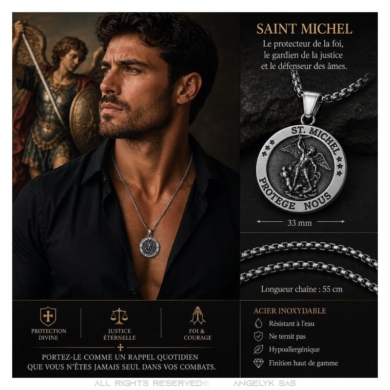 BOBIJOO JEWELRY - Saint Michael the Protector Pendant Stainless Steel Silver Black
