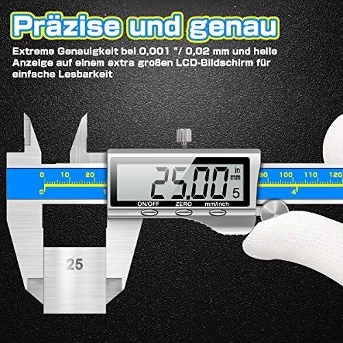 Orthland Vernier Caliper Digital Gauge Stainless Steel Waterproof Dustproof Measuring Tool with Replacement Battery for Household and Industrial Measuring 150 mm blue