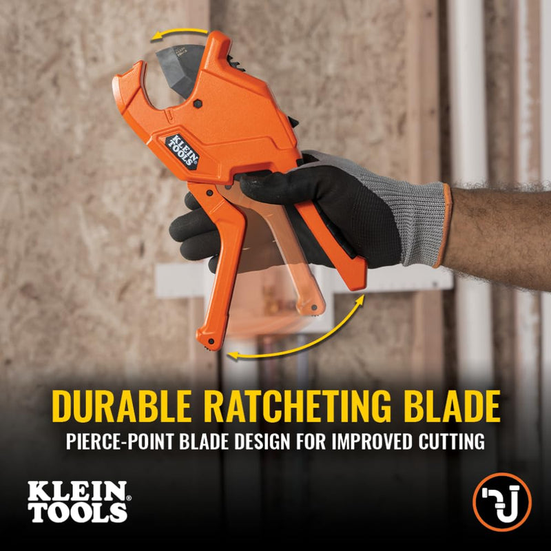 [Australia - AusPower] - Klein Tools 50044 Ratcheting PVC Pipe Cutter Tool, 1-1/4 Inch I.D. Cutting Capacity for PVC, CPVC, and PEX Pipes, One-Handed Blade Retraction 