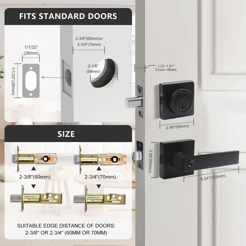 Exterior Door Handle,Entry Door locksets with deadbolt | Front Door Handle and Deadbolt Set,Matte Black Keyed Alike Heavy Duty Door Lever Locksets Right & Left Sided Doors 1 Pack