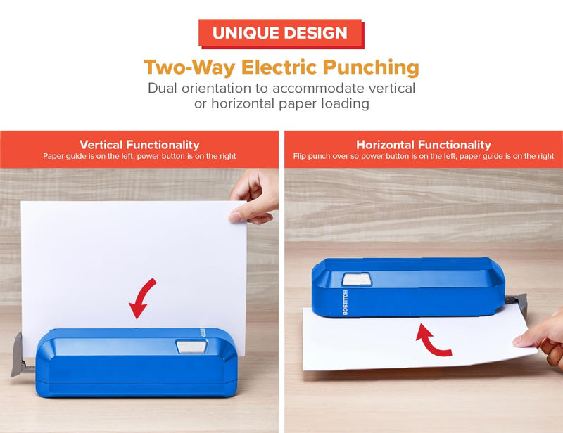 Bostitch Office Electric 3-Hole Punch, Dual Paper Loading, Heavy Duty, Jam-Free 20 Sheet Capacity, AC Adapter or Battery Powered, Space Saving, Blue, (EHP20-BLUE)
