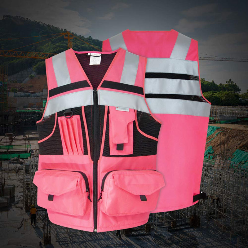 SUXIBIP 10 Pockets Safety Vest for Men and Women, High Visibility vest with 3M Reflective Strips, Oxford Fabric Pink X-Large