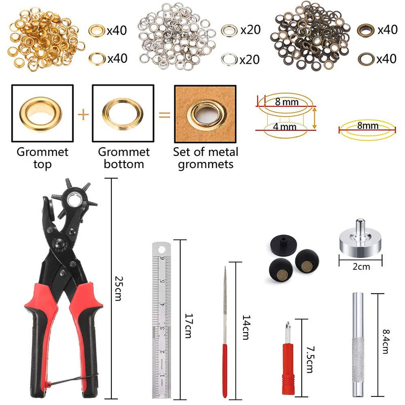 Leather Hole Punch Tool for Belt - Multi Hole Sizes Puncher for Belts, Watch Bands, Straps, Dog Collars, Saddles, Shoes, Fabric, DIY Home or Craft Projects - with 5/32" Grommet Eyelet Kit 100 Sets 02-Black/Red