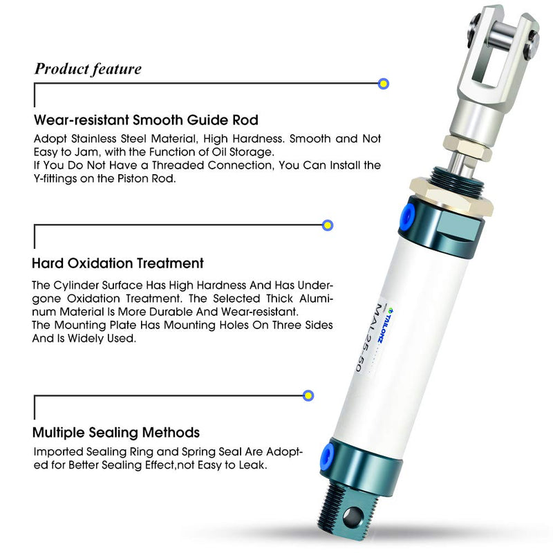 [Australia - AusPower] - TAILONZ PNEUMATIC 25mm Bore 50mm Stroke Air Cylinder Double Action with Y Connector and 2Pcs 6mm Fitting MAL25x50 