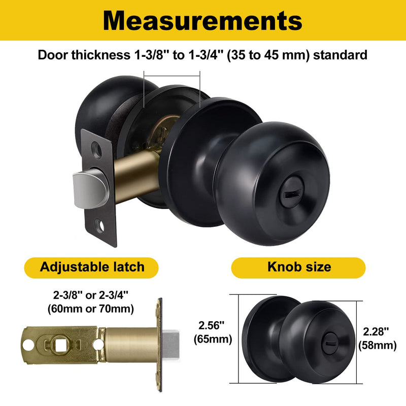 CML Hardware (2 Pack) Privacy Door Knob for Bedroom and Bathroom, Stainless Steel Keyless Door Locks for Bed/Bath, Round Ball Handle, Matte Black 2 Pack