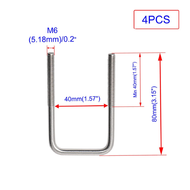 [Australia - AusPower] - U Bolt, 4 Sets 1.6'' (40mm) Inner Width 304 Stainless Steel M6 Square U-Bolt Plate Screw Nut Fastener, 37/38mm Pipe, Boats, and Other Home Industrial Applications, Silver, x W-1.6'' x L-3.1'' M6 x W-1.6" x L-3.1" 