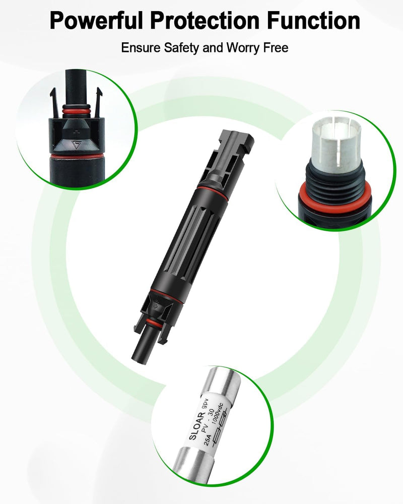 25A -1000V Solar Fuse Holder Inline with 5PCS Male and Female Connector, Weatherproof and Fire-Safe PV in-Line Fuse, 10PCS Black